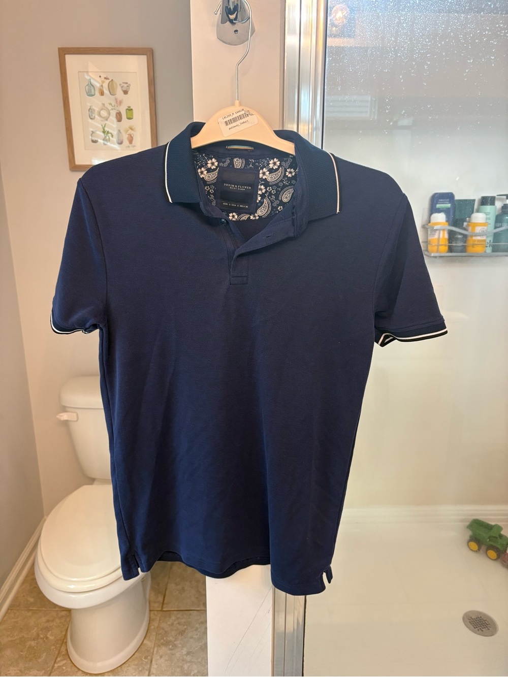 Denim & Flower Ricky Singh Men's Polo Shirt Navy Blue White Trim Paisley